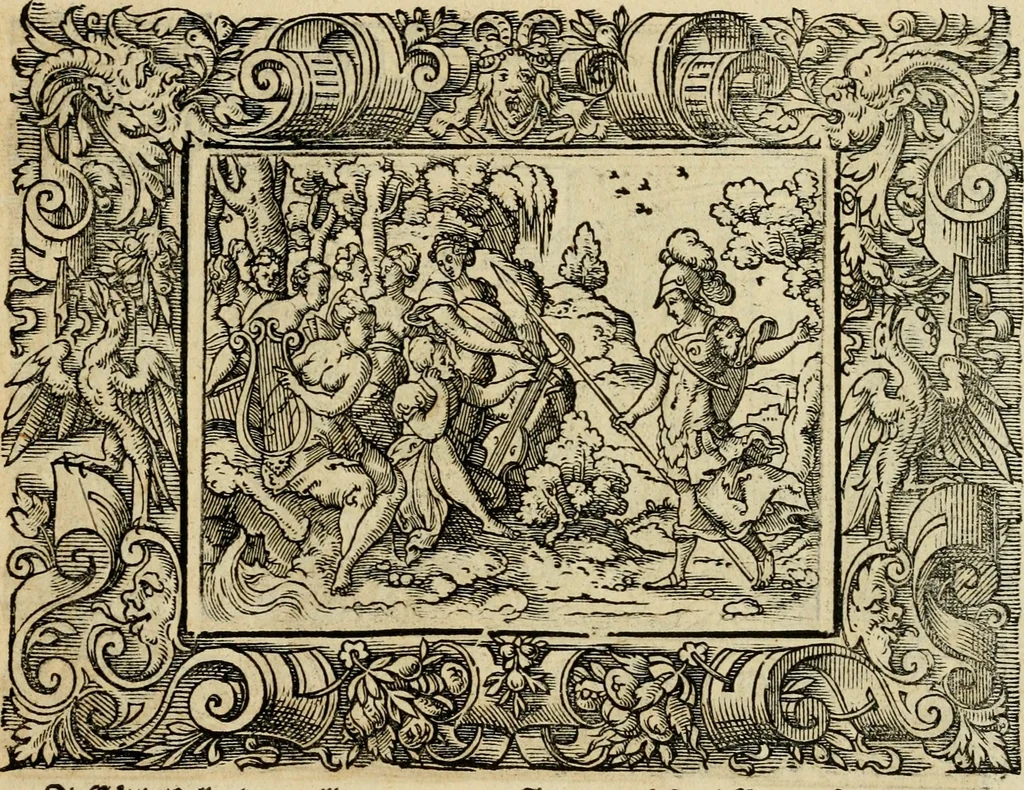 An illustration from Iohan. Posthii Germershemii Tetrasticha in Ovidii Metam. lib. XV. qvibus accesserunt Vergilij Solis figurae elegantiss. & iam primùm in lucem editae = Schoene Figuren auss dem fuertrefflichen Poeten Ouidio, allen Malern, Goldtschmiden, und Bildthauwern, zü nutz unnd gütem mit fleiss gerissen, 1563, leaf 82