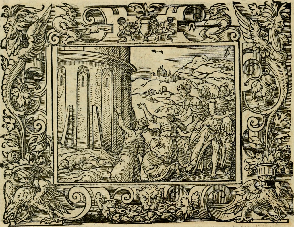 An illustration from Iohan. Posthii Germershemii Tetrasticha in Ovidii Metam. lib. XV. qvibus accesserunt Vergilij Solis figurae elegantiss. & iam primùm in lucem editae = Schoene Figuren auss dem fuertrefflichen Poeten Ouidio, allen Malern, Goldtschmiden, und Bildthauwern, zü nutz unnd gütem mit fleiss gerissen, 1563, leaf 83