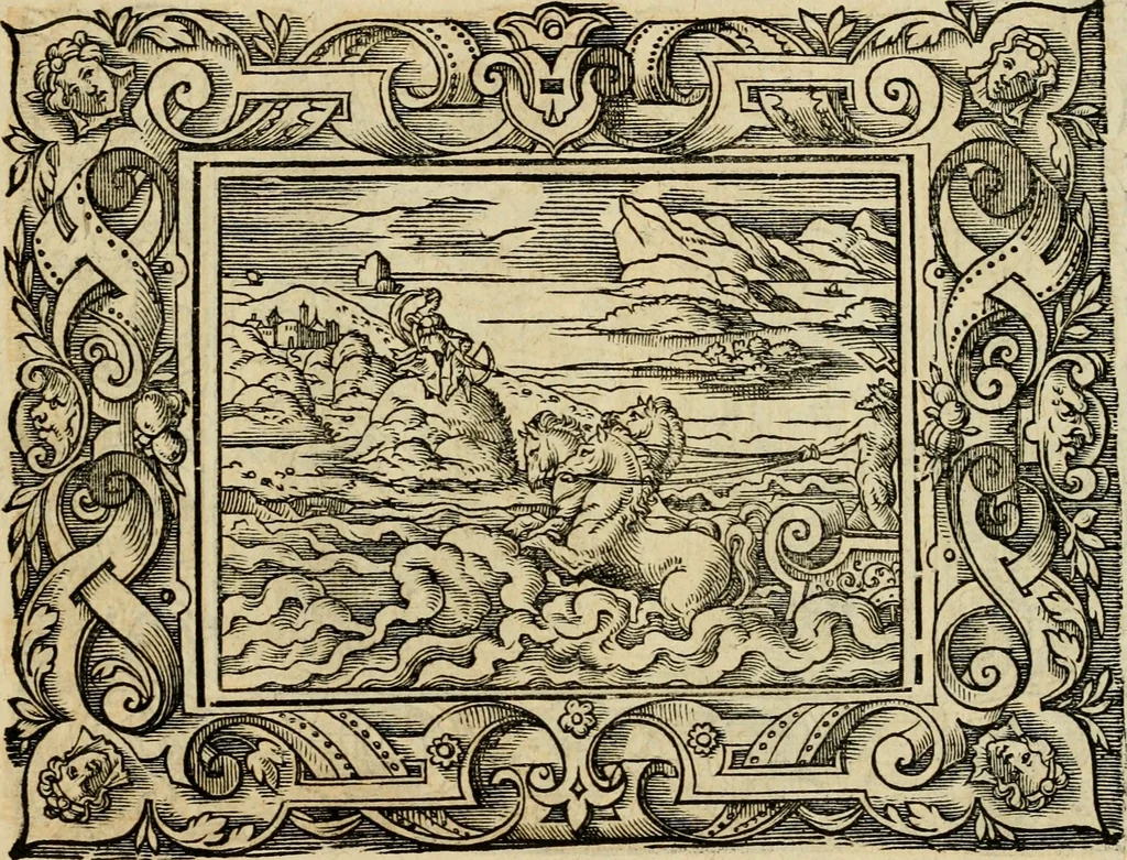 An illustration from Iohan. Posthii Germershemii Tetrasticha in Ovidii Metam. lib. XV. qvibus accesserunt Vergilij Solis figurae elegantiss. & iam primùm in lucem editae = Schoene Figuren auss dem fuertrefflichen Poeten Ouidio, allen Malern, Goldtschmiden, und Bildthauwern, zü nutz unnd gütem mit fleiss gerissen, 1563, leaf 84