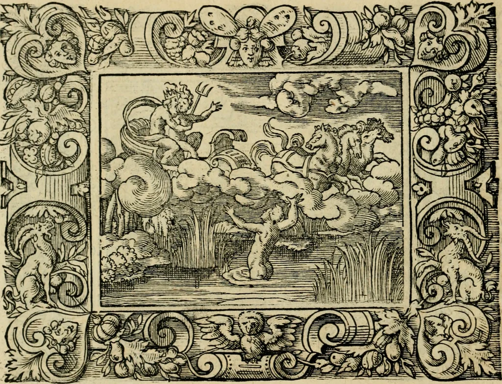 An illustration from Iohan. Posthii Germershemii Tetrasticha in Ovidii Metam. lib. XV. qvibus accesserunt Vergilij Solis figurae elegantiss. & iam primùm in lucem editae = Schoene Figuren auss dem fuertrefflichen Poeten Ouidio, allen Malern, Goldtschmiden, und Bildthauwern, zü nutz unnd gütem mit fleiss gerissen, 1563, leaf 85