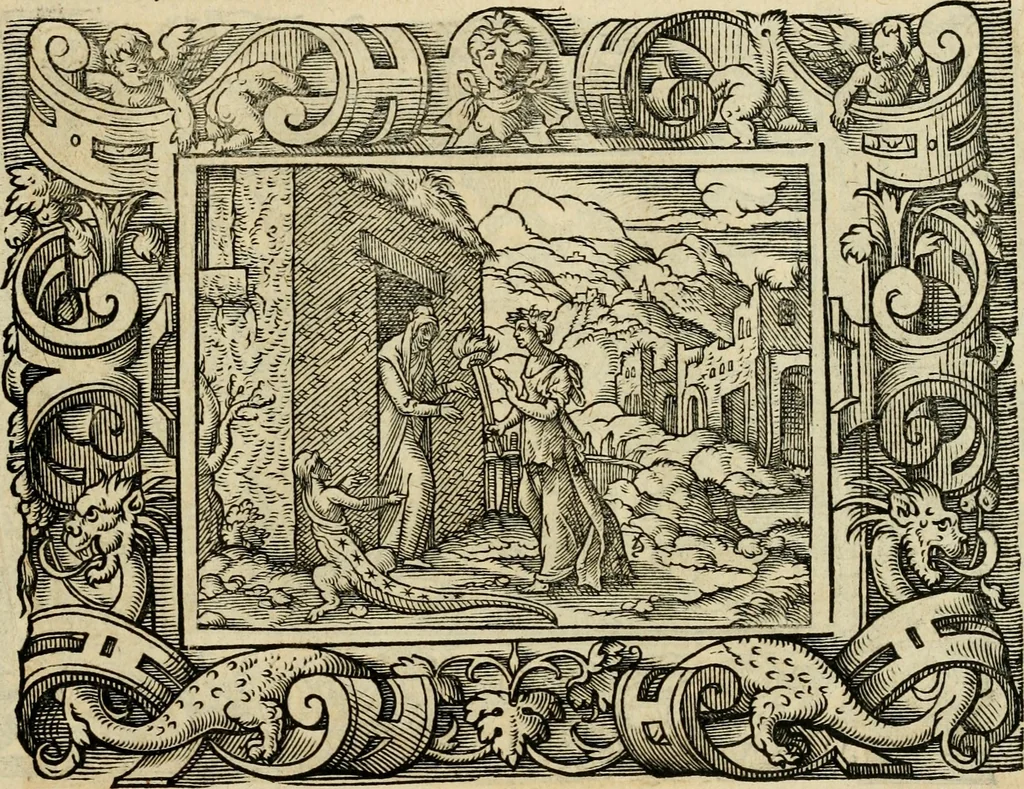 An illustration from Iohan. Posthii Germershemii Tetrasticha in Ovidii Metam. lib. XV. qvibus accesserunt Vergilij Solis figurae elegantiss. & iam primùm in lucem editae = Schoene Figuren auss dem fuertrefflichen Poeten Ouidio, allen Malern, Goldtschmiden, und Bildthauwern, zü nutz unnd gütem mit fleiss gerissen, 1563, leaf 86