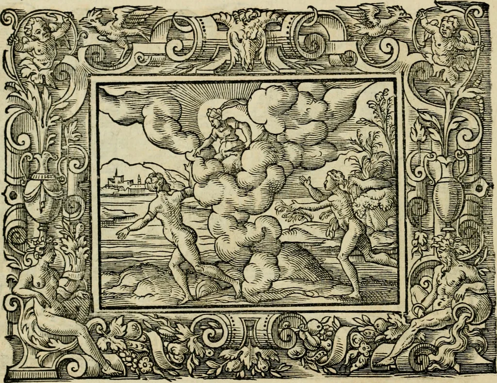 An illustration from Iohan. Posthii Germershemii Tetrasticha in Ovidii Metam. lib. XV. qvibus accesserunt Vergilij Solis figurae elegantiss. & iam primùm in lucem editae = Schoene Figuren auss dem fuertrefflichen Poeten Ouidio, allen Malern, Goldtschmiden, und Bildthauwern, zü nutz unnd gütem mit fleiss gerissen, 1563, leaf 87