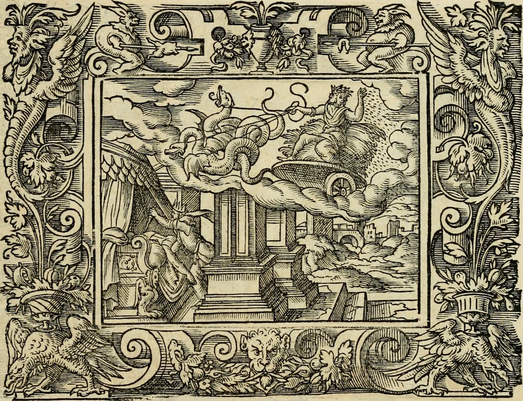 An illustration from Iohan. Posthii Germershemii Tetrasticha in Ovidii Metam. lib. XV. qvibus accesserunt Vergilij Solis figurae elegantiss. & iam primùm in lucem editae = Schoene Figuren auss dem fuertrefflichen Poeten Ouidio, allen Malern, Goldtschmiden, und Bildthauwern, zü nutz unnd gütem mit fleiss gerissen, 1563, leaf 88