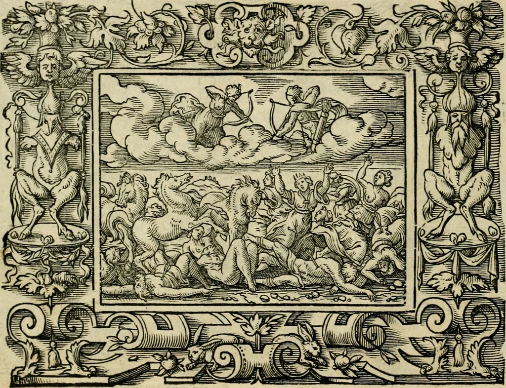 An illustration from Iohan. Posthii Germershemii Tetrasticha in Ovidii Metam. lib. XV. qvibus accesserunt Vergilij Solis figurae elegantiss. & iam primùm in lucem editae = Schoene Figuren auss dem fuertrefflichen Poeten Ouidio, allen Malern, Goldtschmiden, und Bildthauwern, zü nutz unnd gütem mit fleiss gerissen, 1563, leaf 89