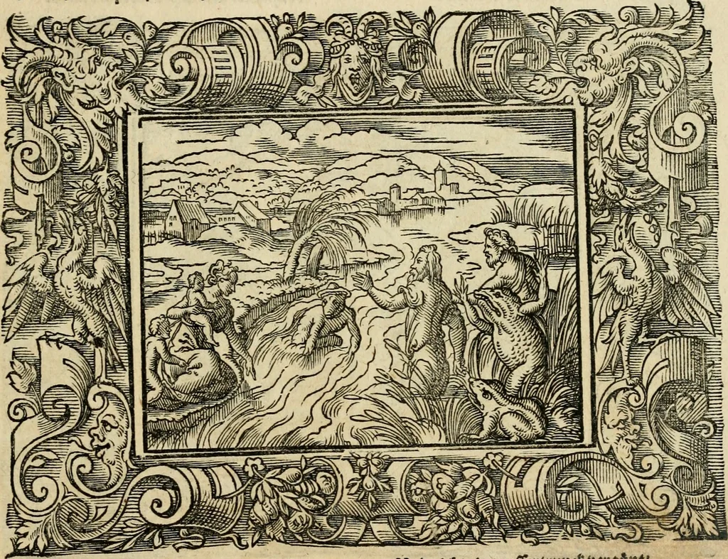 An illustration from Iohan. Posthii Germershemii Tetrasticha in Ovidii Metam. lib. XV. qvibus accesserunt Vergilij Solis figurae elegantiss. & iam primùm in lucem editae = Schoene Figuren auss dem fuertrefflichen Poeten Ouidio, allen Malern, Goldtschmiden, und Bildthauwern, zü nutz unnd gütem mit fleiss gerissen, 1563, leaf 90