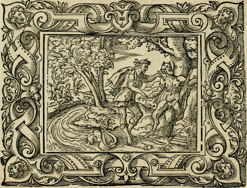 An illustration from Iohan. Posthii Germershemii Tetrasticha in Ovidii Metam. lib. XV. qvibus accesserunt Vergilij Solis figurae elegantiss. & iam primùm in lucem editae = Schoene Figuren auss dem fuertrefflichen Poeten Ouidio, allen Malern, Goldtschmiden, und Bildthauwern, zü nutz unnd gütem mit fleiss gerissen, 1563, leaf 91