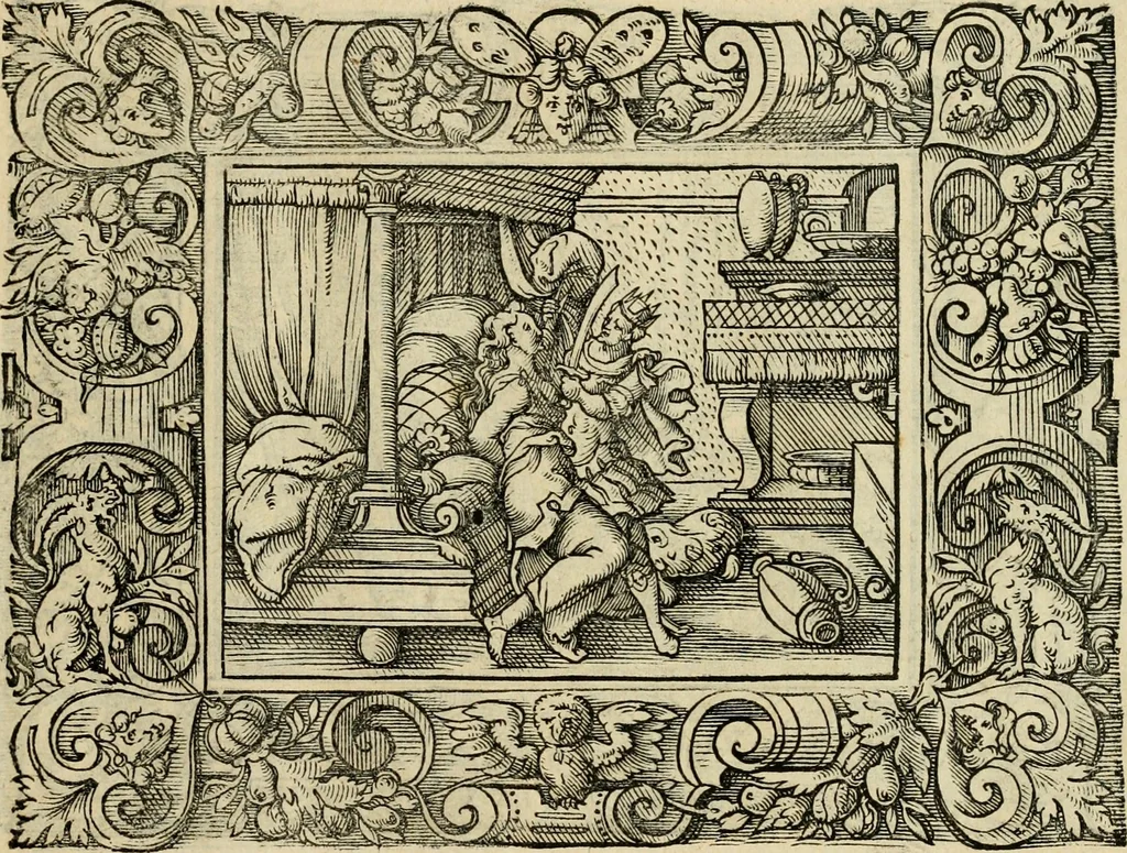 An illustration from Iohan. Posthii Germershemii Tetrasticha in Ovidii Metam. lib. XV. qvibus accesserunt Vergilij Solis figurae elegantiss. & iam primùm in lucem editae = Schoene Figuren auss dem fuertrefflichen Poeten Ouidio, allen Malern, Goldtschmiden, und Bildthauwern, zü nutz unnd gütem mit fleiss gerissen, 1563, leaf 94