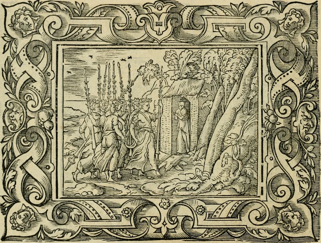 An illustration from Iohan. Posthii Germershemii Tetrasticha in Ovidii Metam. lib. XV. qvibus accesserunt Vergilij Solis figurae elegantiss. & iam primùm in lucem editae = Schoene Figuren auss dem fuertrefflichen Poeten Ouidio, allen Malern, Goldtschmiden, und Bildthauwern, zü nutz unnd gütem mit fleiss gerissen, 1563, leaf 95