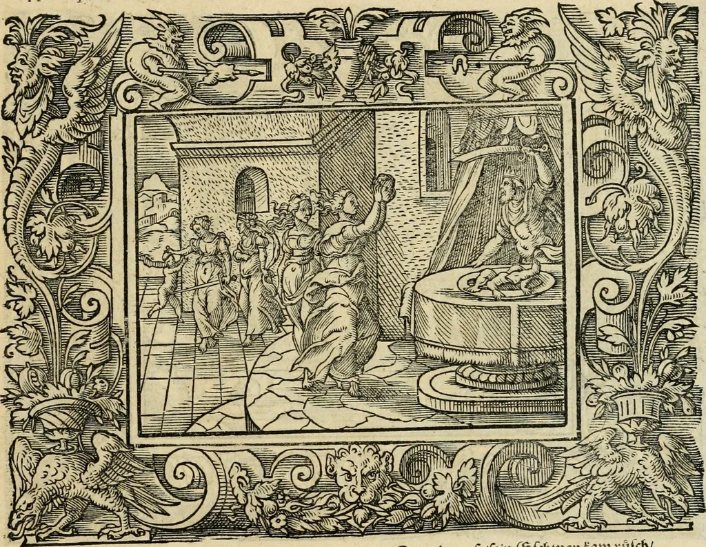 An illustration from Iohan. Posthii Germershemii Tetrasticha in Ovidii Metam. lib. XV. qvibus accesserunt Vergilij Solis figurae elegantiss. & iam primùm in lucem editae = Schoene Figuren auss dem fuertrefflichen Poeten Ouidio, allen Malern, Goldtschmiden, und Bildthauwern, zü nutz unnd gütem mit fleiss gerissen, 1563, leaf 96