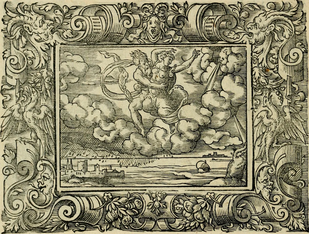 An illustration from Iohan. Posthii Germershemii Tetrasticha in Ovidii Metam. lib. XV. qvibus accesserunt Vergilij Solis figurae elegantiss. & iam primùm in lucem editae = Schoene Figuren auss dem fuertrefflichen Poeten Ouidio, allen Malern, Goldtschmiden, und Bildthauwern, zü nutz unnd gütem mit fleiss gerissen, 1563, leaf 97