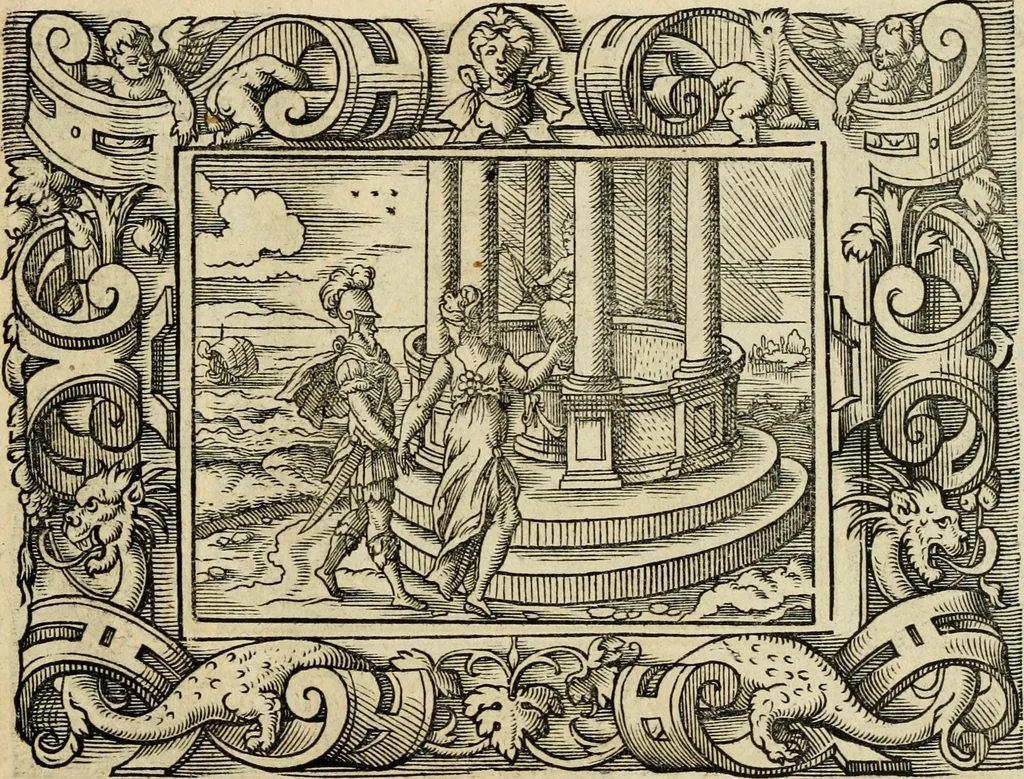 An illustration from Iohan. Posthii Germershemii Tetrasticha in Ovidii Metam. lib. XV. qvibus accesserunt Vergilij Solis figurae elegantiss. & iam primùm in lucem editae = Schoene Figuren auss dem fuertrefflichen Poeten Ouidio, allen Malern, Goldtschmiden, und Bildthauwern, zü nutz unnd gütem mit fleiss gerissen, 1563, leaf 98