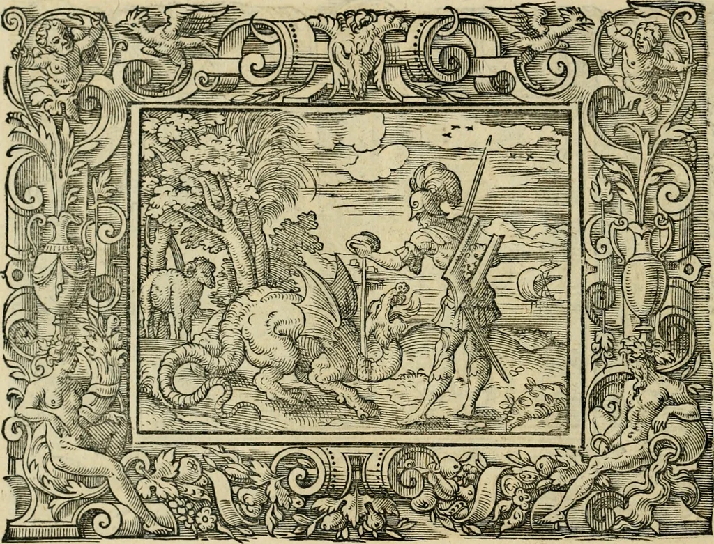 An illustration from Iohan. Posthii Germershemii Tetrasticha in Ovidii Metam. lib. XV. qvibus accesserunt Vergilij Solis figurae elegantiss. & iam primùm in lucem editae = Schoene Figuren auss dem fuertrefflichen Poeten Ouidio, allen Malern, Goldtschmiden, und Bildthauwern, zü nutz unnd gütem mit fleiss gerissen, 1563, leaf 99