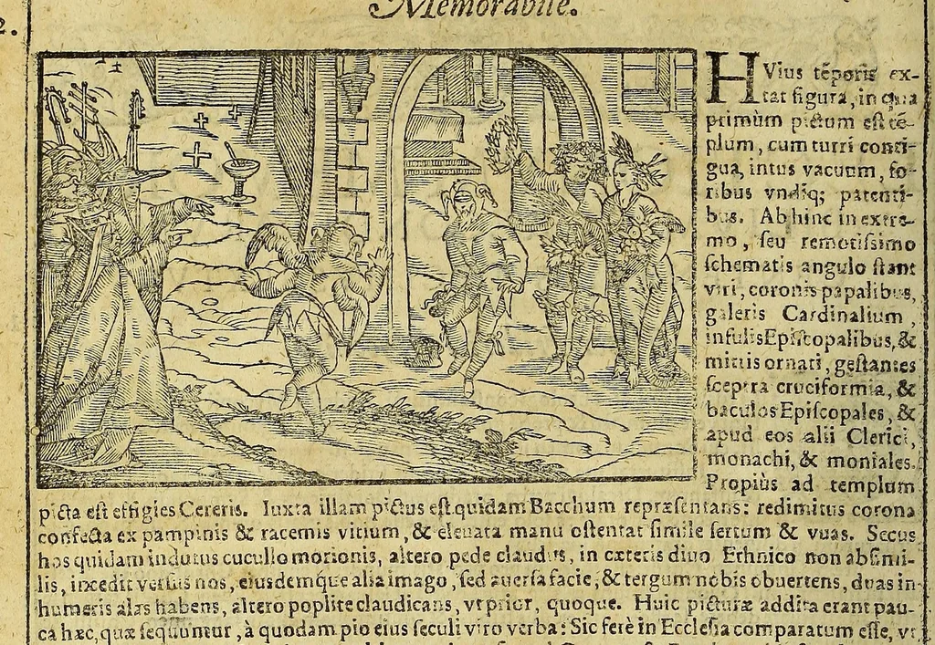 An illustration from Iohan. VVolfii I. C. Lectionum memorabilium et reconditarum centenarii XVI. : Habet hic lector doctorum ecclesiae, vatum, politicorum, philosophorum, historicorum, aliorumq[ue] sapientum & eruditorum pia, grauia, mira, arcana, & stupenda; iucunda simul & vtilia, dicta, scripta, atq[ue] facta; Vaticinia item vota, omina, mysteria, hieroglyphica, miracula, visiones, antiquitates, monumenta, testimonia, exempla virtutu[m], vitiorum, abusuum; typos insuper, picturas, atq[ue] imagines: Sed et ipsius coeli ac naturae horrenda signa, ostenta, monstra, atq[ue] portenta: His interiuncti sunt quoq[ue] omnes sacri prophaniq[ue] ordines: Ex quibus omnibus cum praeteriti status in ecclesia, republica, & communi vita consideratio; tum impendentium euentuum, ac indies magis magisq[ue] ingrauescentium malorum praesagitio: sed & multorum abstrusorum hactenus desideratorum reuelatio ob oculos perspicuè ponitur, 1600, leaf 24