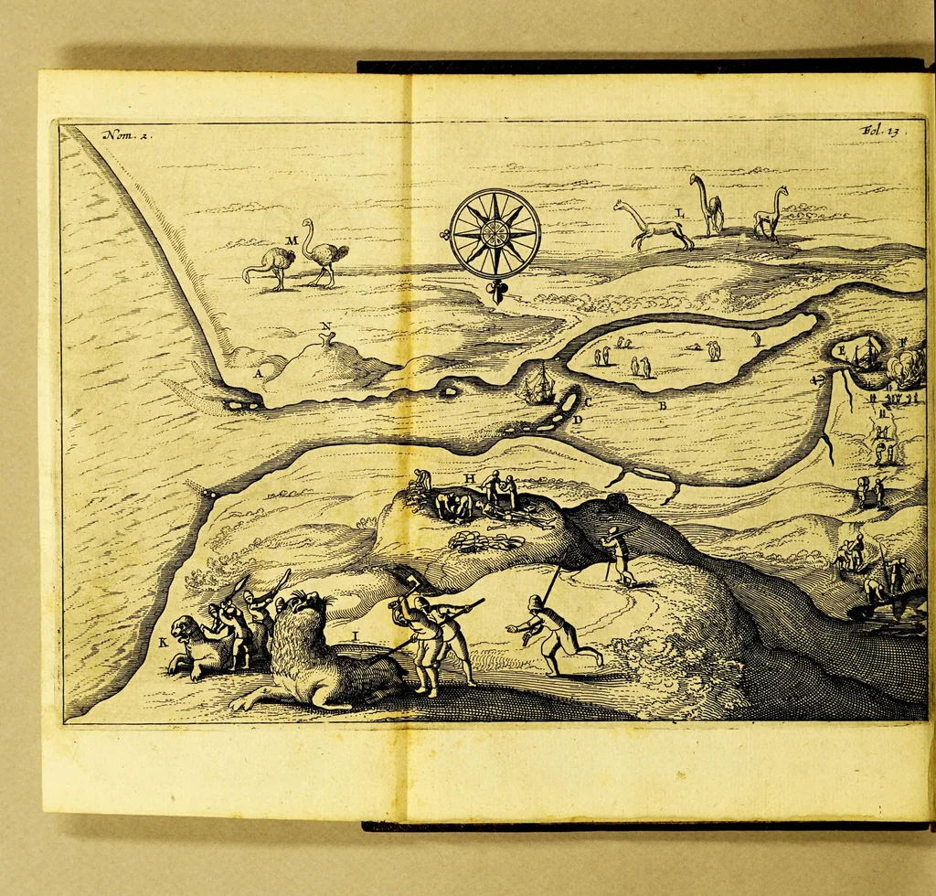 An illustration from Iournael ofte Beschrijvinghe van de wonderlijcke reyse, gedaen door Willem Cornelisz. Schouten van Hoorn, in de jaren 1615. 1616. en 1617. : Hoe hy bezuyden de Straet van Magellanes een nieuwe passagie ofte strate, tot inde groote Zuyd-zee, ontdeckt, ende voort den geheelen aerdt-kloot omgezeylt heeft. Wat eylanden, vreemde volcken en wonderlijcke avontueren hem ontmoet zijn, 1648, leaf 20