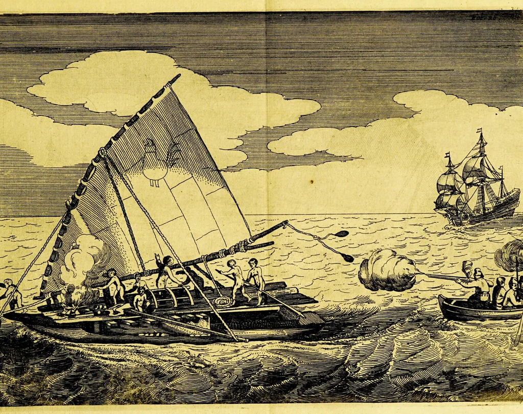 An illustration from Iournael ofte Beschrijvinghe van de wonderlijcke reyse, gedaen door Willem Cornelisz. Schouten van Hoorn, in de jaren 1615. 1616. en 1617. : Hoe hy bezuyden de Straet van Magellanes een nieuwe passagie ofte strate, tot inde groote Zuyd-zee, ontdeckt, ende voort den geheelen aerdt-kloot omgezeylt heeft. Wat eylanden, vreemde volcken en wonderlijcke avontueren hem ontmoet zijn, 1648, leaf 37