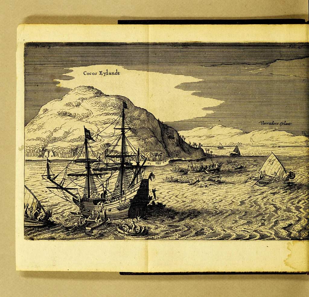 An illustration from Iournael ofte Beschrijvinghe van de wonderlijcke reyse, gedaen door Willem Cornelisz. Schouten van Hoorn, in de jaren 1615. 1616. en 1617. : Hoe hy bezuyden de Straet van Magellanes een nieuwe passagie ofte strate, tot inde groote Zuyd-zee, ontdeckt, ende voort den geheelen aerdt-kloot omgezeylt heeft. Wat eylanden, vreemde volcken en wonderlijcke avontueren hem ontmoet zijn, 1648, leaf 40