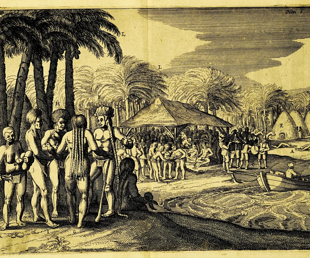 An illustration from Iournael ofte Beschrijvinghe van de wonderlijcke reyse, gedaen door Willem Cornelisz. Schouten van Hoorn, in de jaren 1615. 1616. en 1617. : Hoe hy bezuyden de Straet van Magellanes een nieuwe passagie ofte strate, tot inde groote Zuyd-zee, ontdeckt, ende voort den geheelen aerdt-kloot omgezeylt heeft. Wat eylanden, vreemde volcken en wonderlijcke avontueren hem ontmoet zijn, 1648, leaf 48