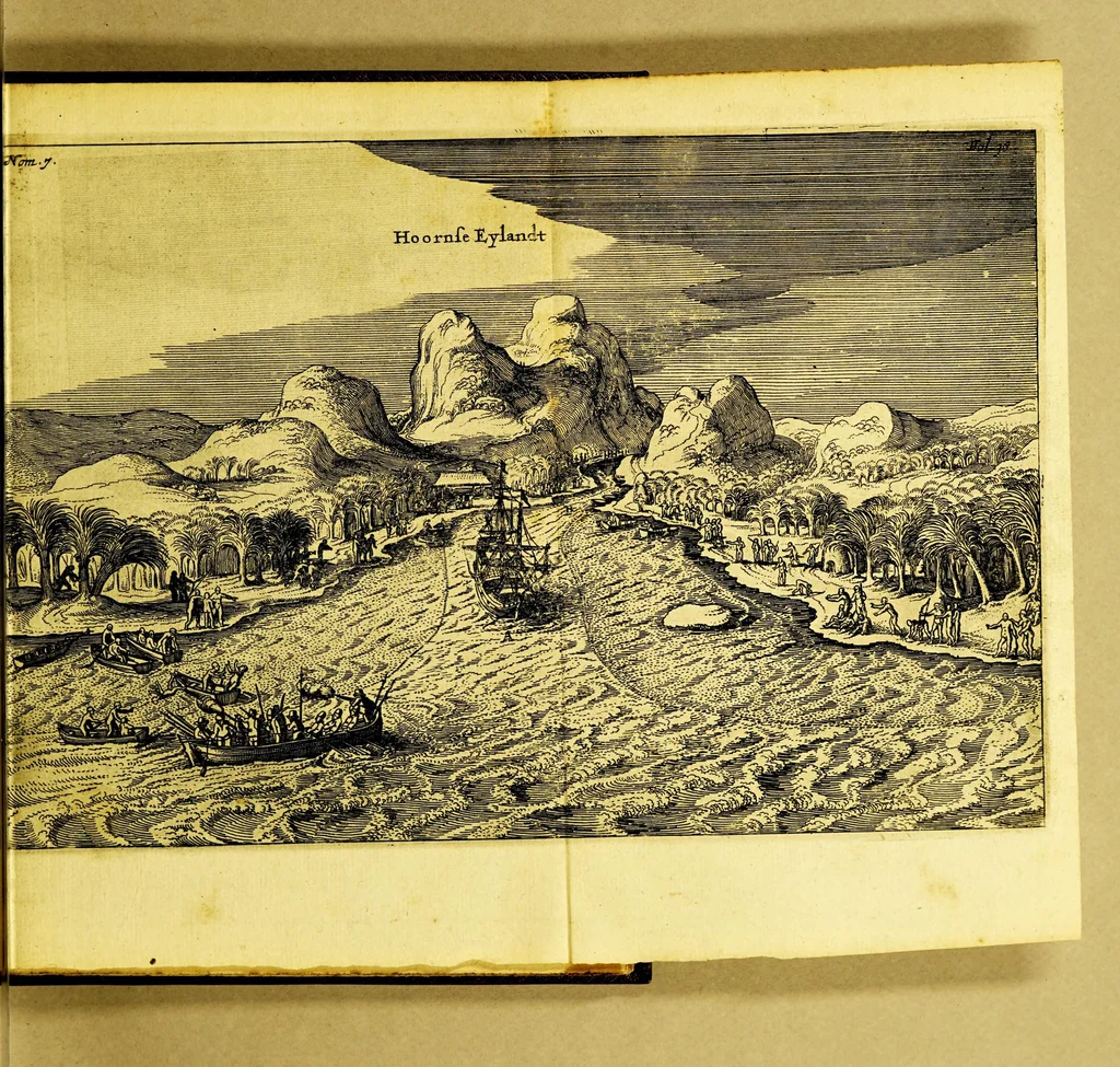 An illustration from Iournael ofte Beschrijvinghe van de wonderlijcke reyse, gedaen door Willem Cornelisz. Schouten van Hoorn, in de jaren 1615. 1616. en 1617. : Hoe hy bezuyden de Straet van Magellanes een nieuwe passagie ofte strate, tot inde groote Zuyd-zee, ontdeckt, ende voort den geheelen aerdt-kloot omgezeylt heeft. Wat eylanden, vreemde volcken en wonderlijcke avontueren hem ontmoet zijn, 1648, leaf 55