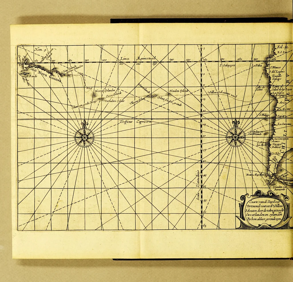 An illustration from Iournael ofte Beschrijvinghe van de wonderlijcke reyse, gedaen door Willem Cornelisz. Schouten van Hoorn, in de jaren 1615. 1616. en 1617. : Hoe hy bezuyden de Straet van Magellanes een nieuwe passagie ofte strate, tot inde groote Zuyd-zee, ontdeckt, ende voort den geheelen aerdt-kloot omgezeylt heeft. Wat eylanden, vreemde volcken en wonderlijcke avontueren hem ontmoet zijn, 1648, leaf 72