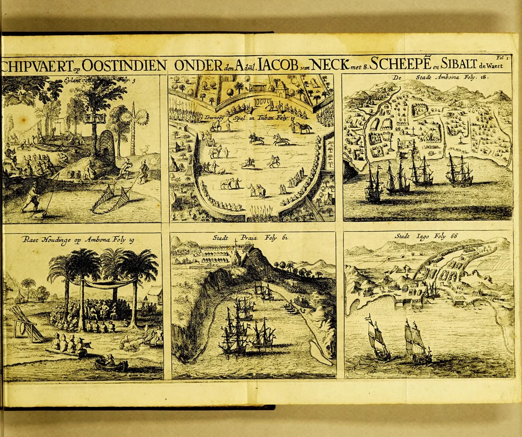 An illustration from Iournael ofte Beschrijvinghe van de wonderlijcke reyse, gedaen door Willem Cornelisz. Schouten van Hoorn, in de jaren 1615. 1616. en 1617. : Hoe hy bezuyden de Straet van Magellanes een nieuwe passagie ofte strate, tot inde groote Zuyd-zee, ontdeckt, ende voort den geheelen aerdt-kloot omgezeylt heeft. Wat eylanden, vreemde volcken en wonderlijcke avontueren hem ontmoet zijn, 1648, leaf 79