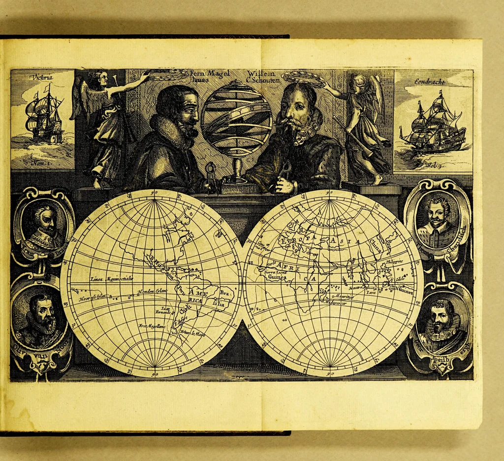 An illustration from Iournael ofte Beschrijvinghe van de wonderlijcke reyse, gedaen door Willem Cornelisz. Schouten van Hoorn, in de jaren 1615. 1616. en 1617. : Hoe hy bezuyden de Straet van Magellanes een nieuwe passagie ofte strate, tot inde groote Zuyd-zee, ontdeckt, ende voort den geheelen aerdt-kloot omgezeylt heeft. Wat eylanden, vreemde volcken en wonderlijcke avontueren hem ontmoet zijn, 1648, leaf 9