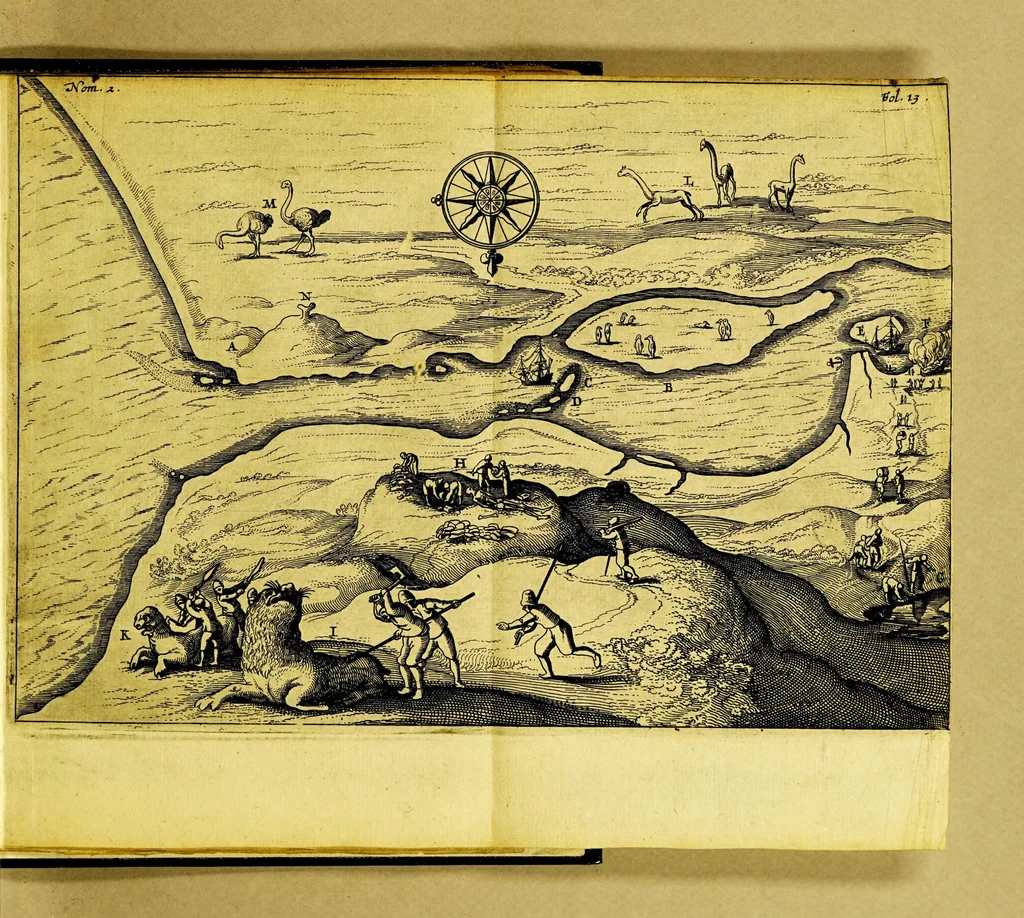 An illustration from Iournael ofte Beschrijvinghe van de wonderlijcke reyse, gedaen door Willem Cornelisz. Schouten van Hoorn, in de jaren 1615. 1616. en 1617. : Hoe hy bezuyden de Straet van Magellanes een nieuwe passagie ofte strate, tot inde groote Zuyd-zee, ontdeckt, ende voort den geheelen aerdt-kloot omgezeylt heeft. Wat eylanden, vreemde volcken en wonderlijcke avontueren hem ontmoet zijn, 1648, leaf 21