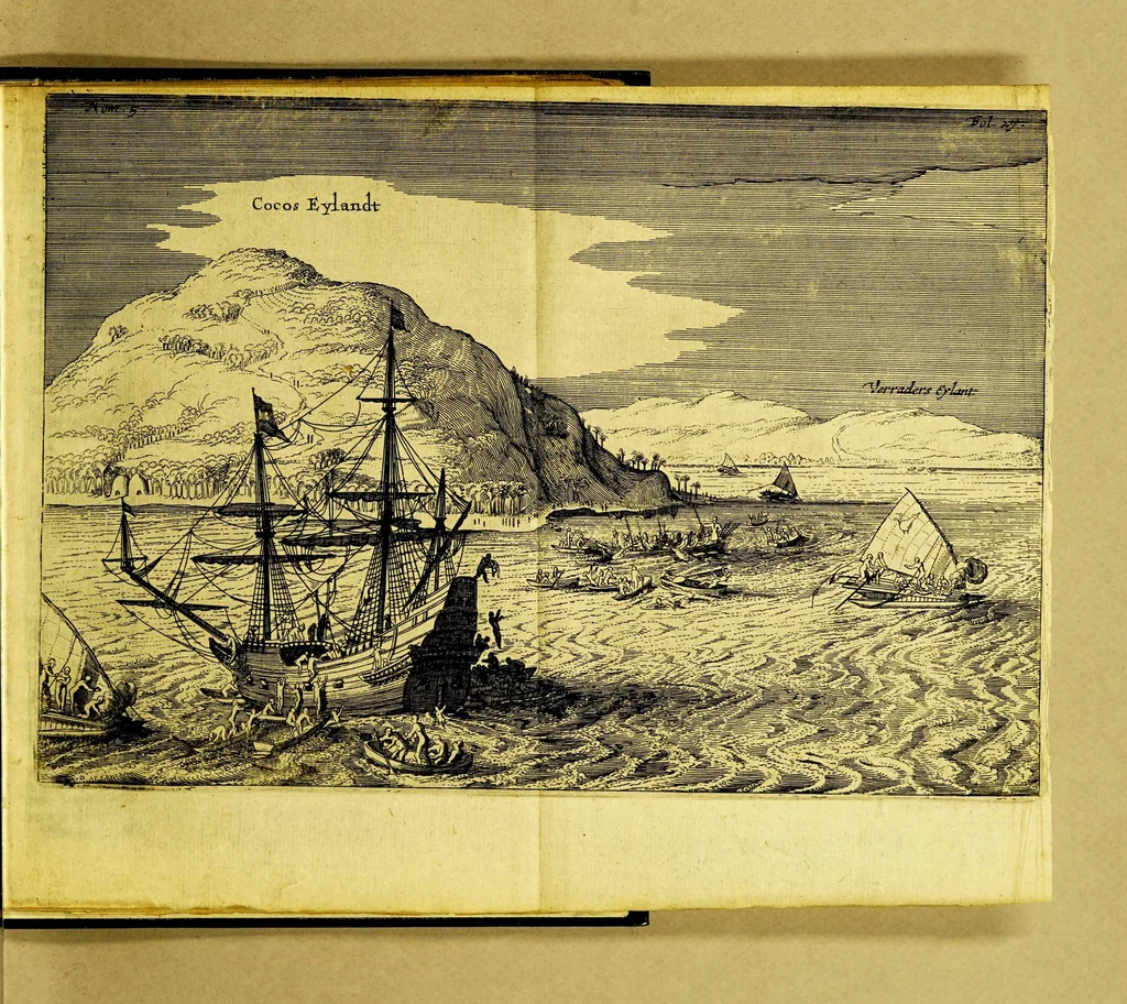 An illustration from Iournael ofte Beschrijvinghe van de wonderlijcke reyse, gedaen door Willem Cornelisz. Schouten van Hoorn, in de jaren 1615. 1616. en 1617. : Hoe hy bezuyden de Straet van Magellanes een nieuwe passagie ofte strate, tot inde groote Zuyd-zee, ontdeckt, ende voort den geheelen aerdt-kloot omgezeylt heeft. Wat eylanden, vreemde volcken en wonderlijcke avontueren hem ontmoet zijn, 1648, leaf 35