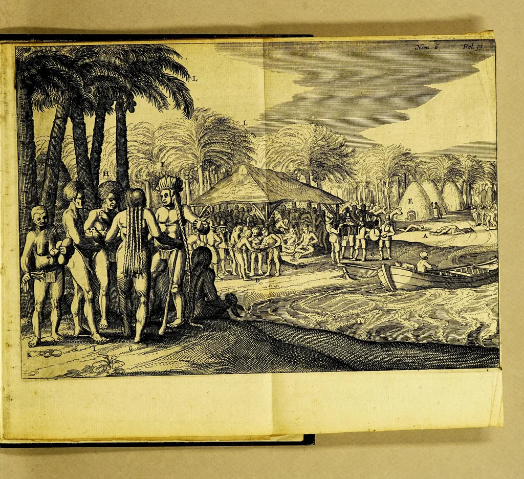 An illustration from Iournael ofte Beschrijvinghe van de wonderlijcke reyse, gedaen door Willem Cornelisz. Schouten van Hoorn, in de jaren 1615. 1616. en 1617. : Hoe hy bezuyden de Straet van Magellanes een nieuwe passagie ofte strate, tot inde groote Zuyd-zee, ontdeckt, ende voort den geheelen aerdt-kloot omgezeylt heeft. Wat eylanden, vreemde volcken en wonderlijcke avontueren hem ontmoet zijn, 1648, leaf 49