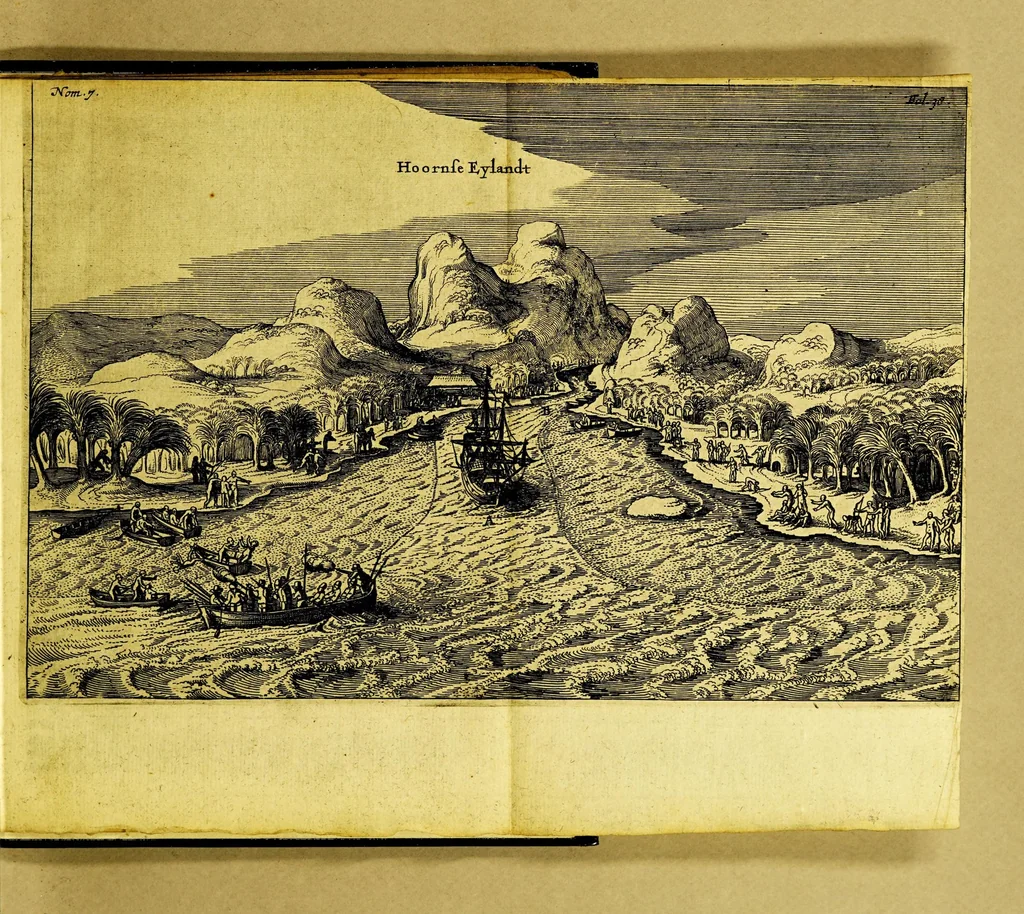 An illustration from Iournael ofte Beschrijvinghe van de wonderlijcke reyse, gedaen door Willem Cornelisz. Schouten van Hoorn, in de jaren 1615. 1616. en 1617. : Hoe hy bezuyden de Straet van Magellanes een nieuwe passagie ofte strate, tot inde groote Zuyd-zee, ontdeckt, ende voort den geheelen aerdt-kloot omgezeylt heeft. Wat eylanden, vreemde volcken en wonderlijcke avontueren hem ontmoet zijn, 1648, leaf 55