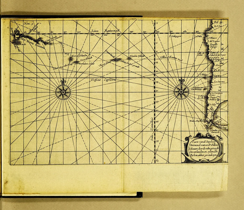 An illustration from Iournael ofte Beschrijvinghe van de wonderlijcke reyse, gedaen door Willem Cornelisz. Schouten van Hoorn, in de jaren 1615. 1616. en 1617. : Hoe hy bezuyden de Straet van Magellanes een nieuwe passagie ofte strate, tot inde groote Zuyd-zee, ontdeckt, ende voort den geheelen aerdt-kloot omgezeylt heeft. Wat eylanden, vreemde volcken en wonderlijcke avontueren hem ontmoet zijn, 1648, leaf 73