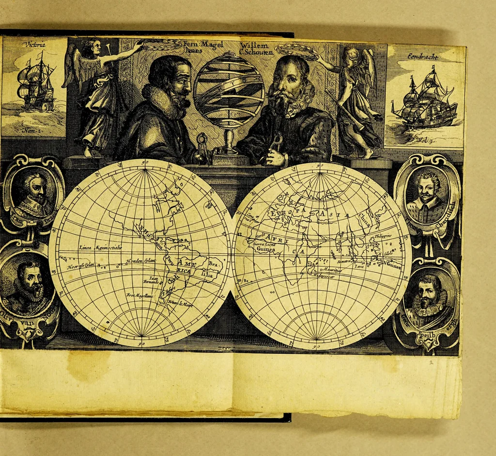 An illustration from Iournael ofte Beschrijvinghe van de wonderlijcke reyse, gedaen door Willem Cornelisz. Schouten van Hoorn, in de jaren 1615. 1616. en 1617. : Hoe hy bezuyden de Straet van Magellanes een nieuwe passagie ofte strate, tot inde groote Zuyd-zee, ontdeckt, ende voort den geheelen aerdt-kloot omgezeylt heeft. Wat eylanden, vreemde volcken en wonderlijcke avontueren hem ontmoet zijn, 1648, leaf 9