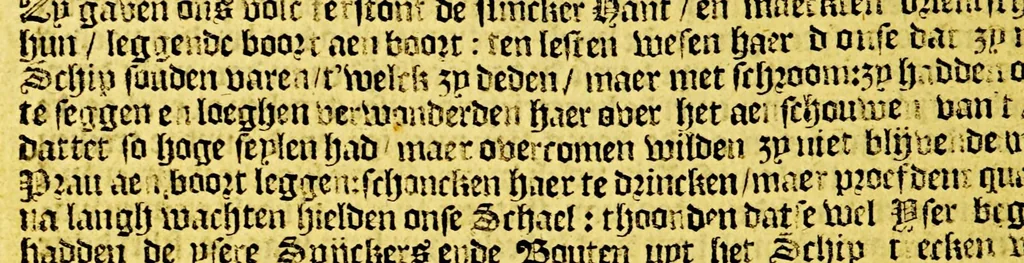 An illustration from Iournael ofte beschryving vande wonderlijcke voyagie, : ghedaen door VVillem Cornelisz Schouten, van Hoorn, in den Iaere 1615, 1616, ende 1617. Hoe hy bezuyden de Straete van Magellanes, een nieuwe passagie ontdeckt, en de geheele aerd-cloot om-gezeylt heeft, 1649, leaf 42