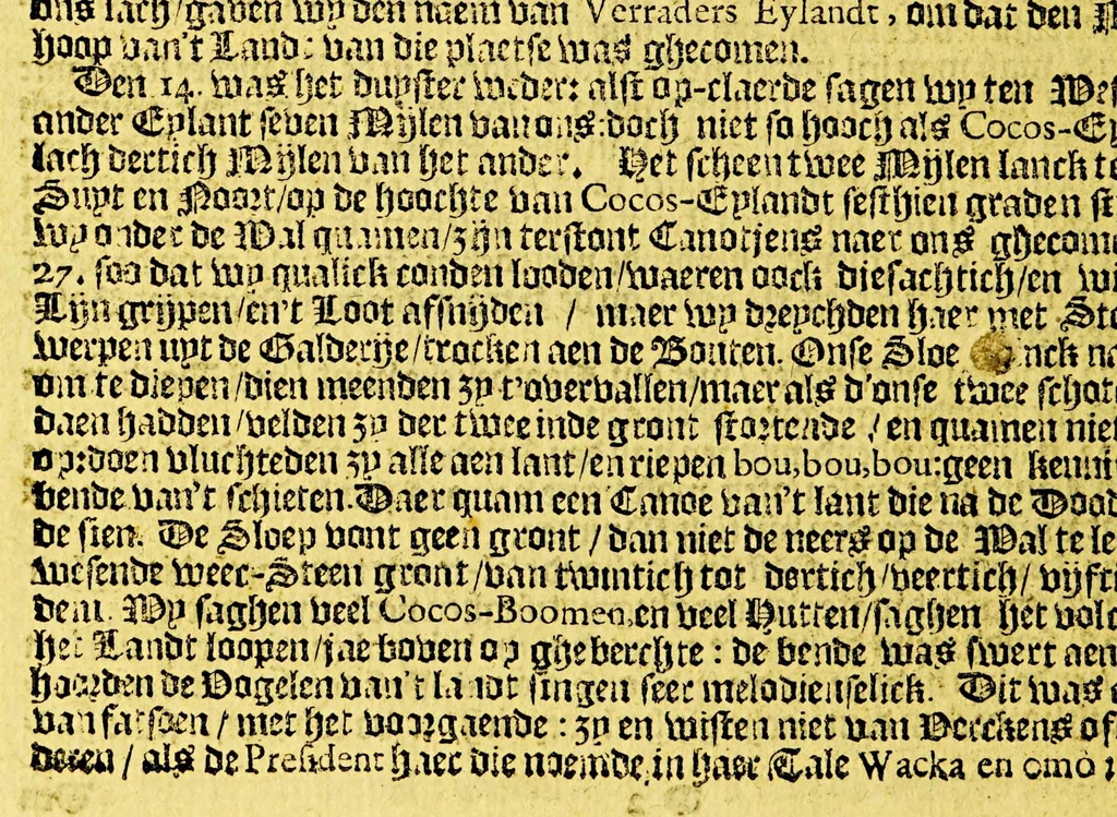 An illustration from Iournael ofte beschryving vande wonderlijcke voyagie, : ghedaen door VVillem Cornelisz Schouten, van Hoorn, in den Iaere 1615, 1616, ende 1617. Hoe hy bezuyden de Straete van Magellanes, een nieuwe passagie ontdeckt, en de geheele aerd-cloot om-gezeylt heeft, 1649, leaf 44