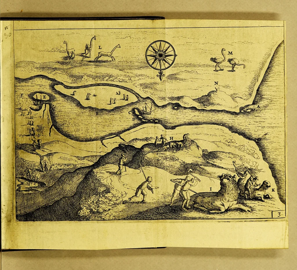 An illustration from Iournael ofte beschryving vande wonderlijcke voyagie, : ghedaen door VVillem Cornelisz Schouten, van Hoorn, in den Iaere 1615, 1616, ende 1617. Hoe hy bezuyden de Straete van Magellanes, een nieuwe passagie ontdeckt, en de geheele aerd-cloot om-gezeylt heeft, 1649, leaf 47