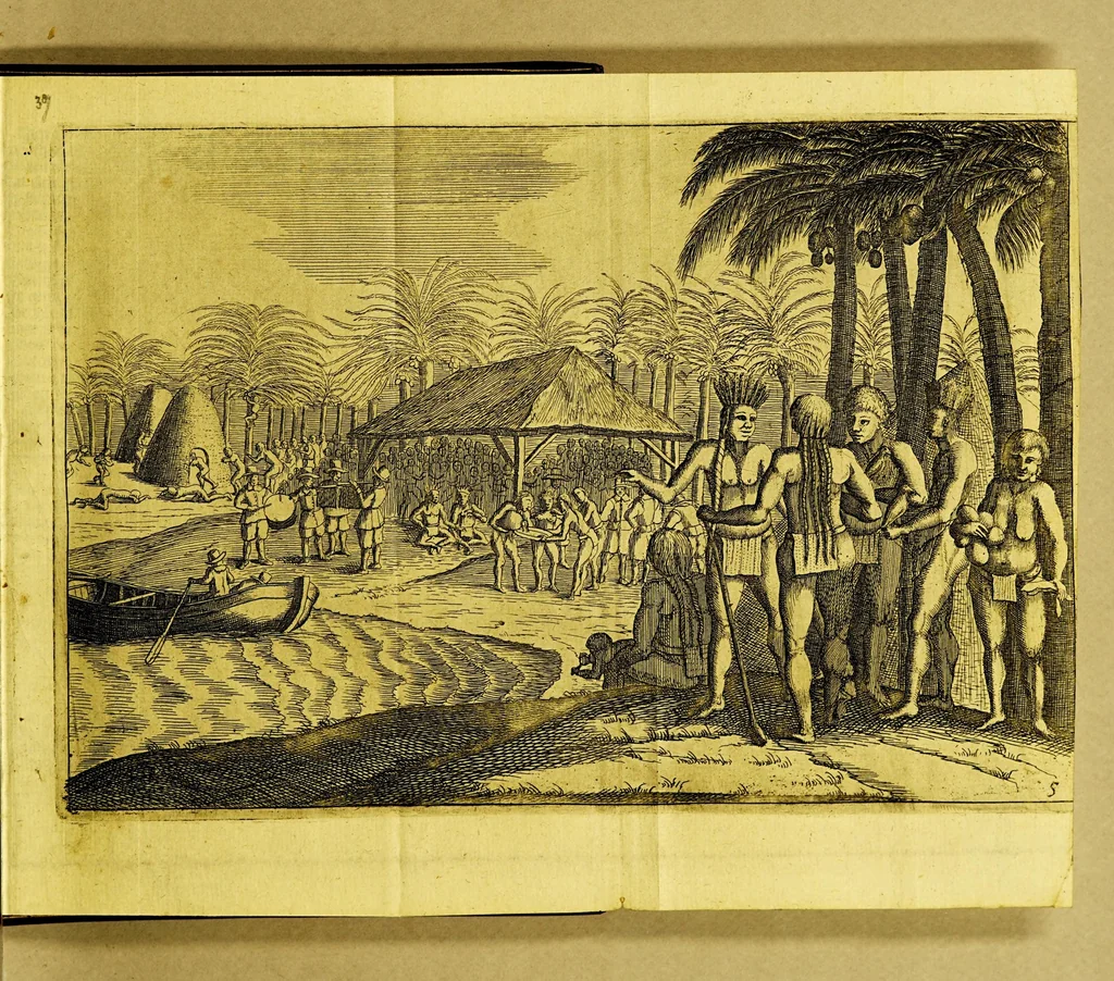 An illustration from Iournael ofte beschryving vande wonderlijcke voyagie, : ghedaen door VVillem Cornelisz Schouten, van Hoorn, in den Iaere 1615, 1616, ende 1617. Hoe hy bezuyden de Straete van Magellanes, een nieuwe passagie ontdeckt, en de geheele aerd-cloot om-gezeylt heeft, 1649, leaf 57