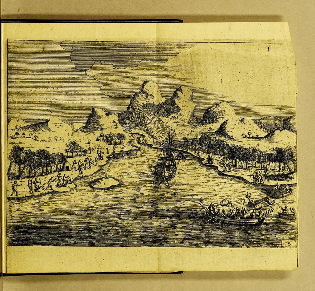 An illustration from Iournael ofte beschryving vande wonderlijcke voyagie, : ghedaen door VVillem Cornelisz Schouten, van Hoorn, in den Iaere 1615, 1616, ende 1617. Hoe hy bezuyden de Straete van Magellanes, een nieuwe passagie ontdeckt, en de geheele aerd-cloot om-gezeylt heeft, 1649, leaf 65