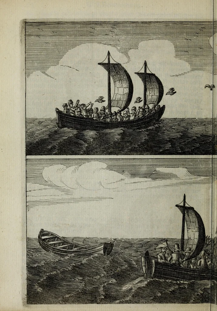 An illustration from Iournael ofte gedenckwaerdige beschrijvinghe vande Oost-Indische reyse van Willem Ysbrantsz. Bontekoe van Hoorn : begrijpende veel wonderlijcke en gevaerlijcke saecken hem daer in wedervaren : begonnen den 18. December 1618. en vol-eynt den 16. November 1625, 1646, leaf 42
