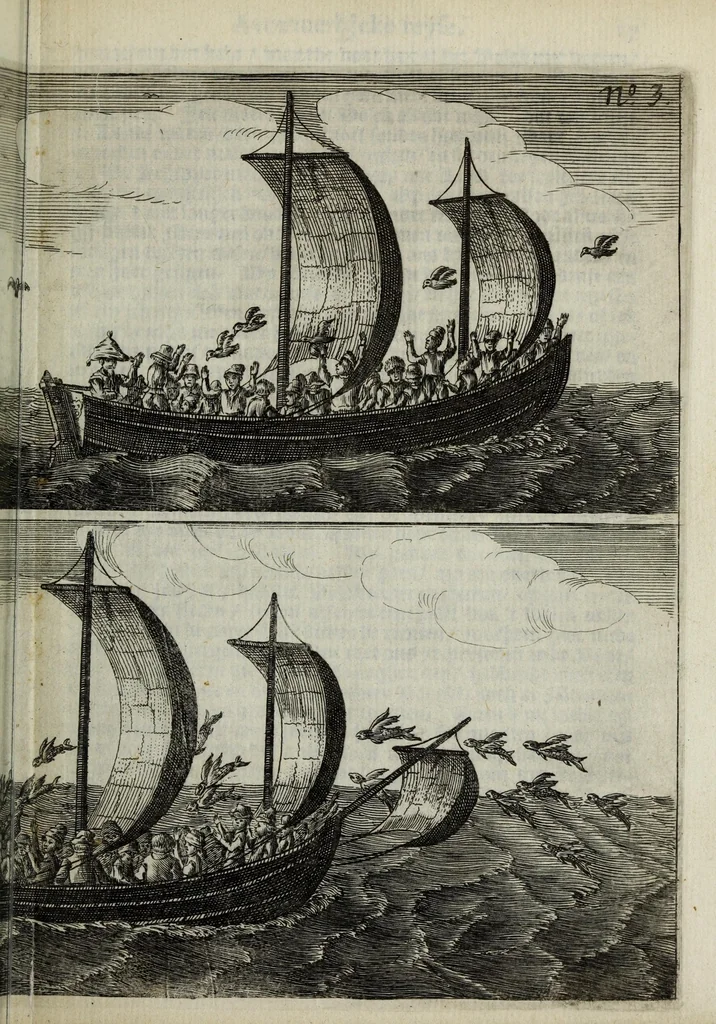 An illustration from Iournael ofte gedenckwaerdige beschrijvinghe vande Oost-Indische reyse van Willem Ysbrantsz. Bontekoe van Hoorn : begrijpende veel wonderlijcke en gevaerlijcke saecken hem daer in wedervaren : begonnen den 18. December 1618. en vol-eynt den 16. November 1625, 1646, leaf 43