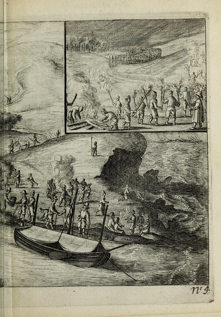 An illustration from Iournael ofte gedenckwaerdige beschrijvinghe vande Oost-Indische reyse van Willem Ysbrantsz. Bontekoe van Hoorn : begrijpende veel wonderlijcke en gevaerlijcke saecken hem daer in wedervaren : begonnen den 18. December 1618. en vol-eynt den 16. November 1625, 1646, leaf 53