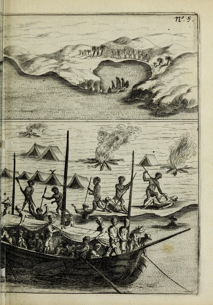 An illustration from Iournael ofte gedenckwaerdige beschrijvinghe vande Oost-Indische reyse van Willem Ysbrantsz. Bontekoe van Hoorn : begrijpende veel wonderlijcke en gevaerlijcke saecken hem daer in wedervaren : begonnen den 18. December 1618. en vol-eynt den 16. November 1625, 1646, leaf 59