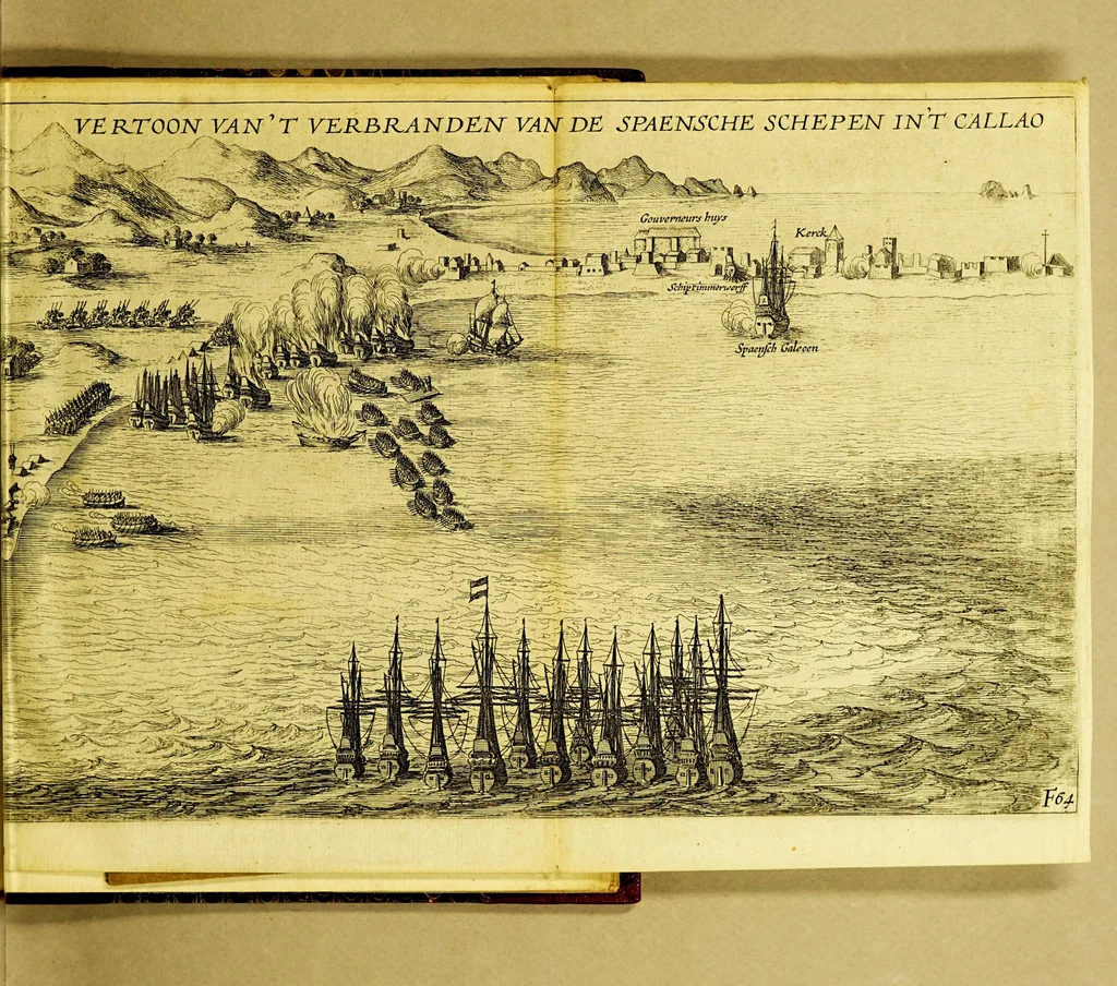 An illustration from Iournael vande Nassausche vloot, : ofte beschryvingh vande voyagie om den gantschen aerdt-kloot, ghedaen met elf schepen: onder't beleyd vanden Admirael Iaques L'Heremite, ende Vice-Admirael Geen Huygen Schapenham, inde jaeren 1623, 1624, 1625, en 1626. ., 1626, leaf 87