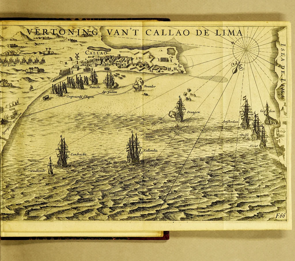 An illustration from Iournael vande Nassausche vloot, : ofte beschryvingh vande voyagie om den gantschen aerdt-kloot, ghedaen met elf schepen: onder't beleyd vanden Admirael Iaques L'Heremite, ende Vice-Admirael Geen Huygen Schapenham, inde jaeren 1623, 1624, 1625, en 1626. ., 1626, leaf 93