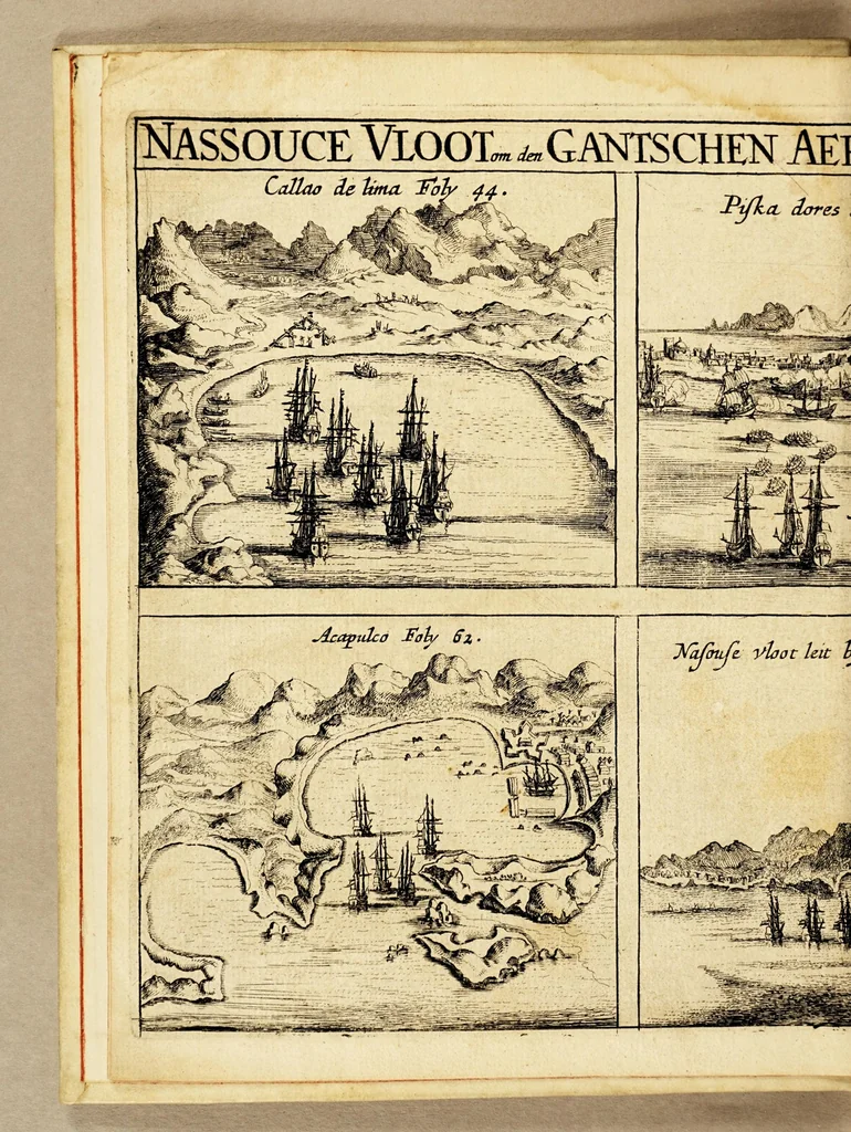 An illustration from Iournael vande Nassausche vloot, : ofte beschrijvingh van de voyagie om den gantschen aert-kloot, gedaen met elf schepen: onder 't beleydt van den admirael Iaques l'Heremite, ende vice-admirael Gheen Huygen Schapenham, in de iaren 1623. 1624. 1625. en 1626. Noch is hier by gevoegt een beschrijvinge vande regeeringe van Peru,, 1648, leaf 8