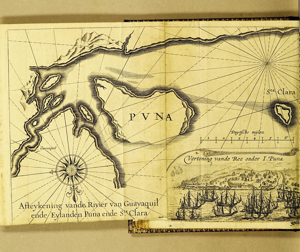 An illustration from Iournalen van drie voyagien, : te weten: 1. Van Mr. Thomas Candish, met drie schepen door de Magallaensche Straet rondom de werelt, inden jare 1586, 1587, en 1588. ... 2. Vande Heer Fransoys Draeck, ende Heer Jan Haukeins, ridderen, naer West-Indien gepretendeert Panama in te nemen ... in den jare 1593. Noch een beschryvinge vande zee vaert der geheeler werelt. Nassausche vloot, 3. ofte beschryvinge vande voyagie om den gantschen aert-kloot, door de Straet Lemaire, onder 't beleydt vanden Admirael Iaques L'Heremite, inde jaren 1623, 1624, 1625, en 1626. : Wy hebben hier achter by ghevoeght en beschrijvinghe vande regeringhe van Peru, door Pedro de Madriga ... met een kort verhael van Chili. Als mede een verhael van Capiteyn Pedro Fernandes de Quir ... aengaende de ontdeckinghe van't onbekent Austrialia ., 1643, leaf 104
