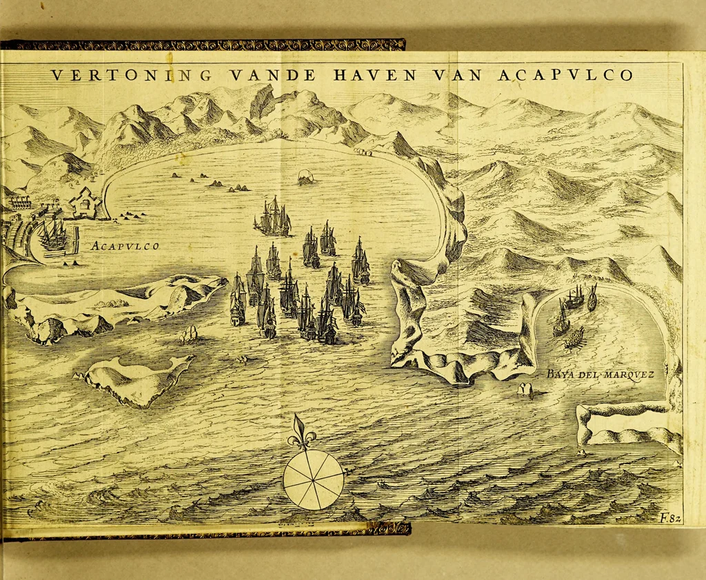 An illustration from Iournalen van drie voyagien, : te weten: 1. Van Mr. Thomas Candish, met drie schepen door de Magallaensche Straet rondom de werelt, inden jare 1586, 1587, en 1588. ... 2. Vande Heer Fransoys Draeck, ende Heer Jan Haukeins, ridderen, naer West-Indien gepretendeert Panama in te nemen ... in den jare 1593. Noch een beschryvinge vande zee vaert der geheeler werelt. Nassausche vloot, 3. ofte beschryvinge vande voyagie om den gantschen aert-kloot, door de Straet Lemaire, onder 't beleydt vanden Admirael Iaques L'Heremite, inde jaren 1623, 1624, 1625, en 1626. : Wy hebben hier achter by ghevoeght en beschrijvinghe vande regeringhe van Peru, door Pedro de Madriga ... met een kort verhael van Chili. Als mede een verhael van Capiteyn Pedro Fernandes de Quir ... aengaende de ontdeckinghe van't onbekent Austrialia ., 1643, leaf 109