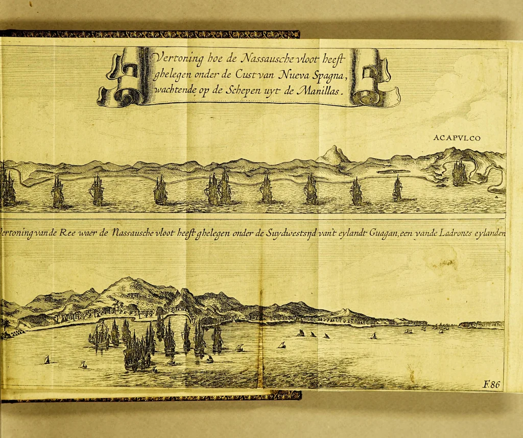 An illustration from Iournalen van drie voyagien, : te weten: 1. Van Mr. Thomas Candish, met drie schepen door de Magallaensche Straet rondom de werelt, inden jare 1586, 1587, en 1588. ... 2. Vande Heer Fransoys Draeck, ende Heer Jan Haukeins, ridderen, naer West-Indien gepretendeert Panama in te nemen ... in den jare 1593. Noch een beschryvinge vande zee vaert der geheeler werelt. Nassausche vloot, 3. ofte beschryvinge vande voyagie om den gantschen aert-kloot, door de Straet Lemaire, onder 't beleydt vanden Admirael Iaques L'Heremite, inde jaren 1623, 1624, 1625, en 1626. : Wy hebben hier achter by ghevoeght en beschrijvinghe vande regeringhe van Peru, door Pedro de Madriga ... met een kort verhael van Chili. Als mede een verhael van Capiteyn Pedro Fernandes de Quir ... aengaende de ontdeckinghe van't onbekent Austrialia ., 1643, leaf 115