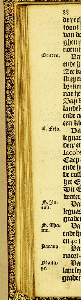 An illustration from Iournalen van drie voyagien, : te weten: 1. Van Mr. Thomas Candish, met drie schepen door de Magallaensche Straet rondom de werelt, inden jare 1586, 1587, en 1588. ... 2. Vande Heer Fransoys Draeck, ende Heer Jan Haukeins, ridderen, naer West-Indien gepretendeert Panama in te nemen ... in den jare 1593. Noch een beschryvinge vande zee vaert der geheeler werelt. Nassausche vloot, 3. ofte beschryvinge vande voyagie om den gantschen aert-kloot, door de Straet Lemaire, onder 't beleydt vanden Admirael Iaques L'Heremite, inde jaren 1623, 1624, 1625, en 1626. : Wy hebben hier achter by ghevoeght en beschrijvinghe vande regeringhe van Peru, door Pedro de Madriga ... met een kort verhael van Chili. Als mede een verhael van Capiteyn Pedro Fernandes de Quir ... aengaende de ontdeckinghe van't onbekent Austrialia ., 1643, leaf 118