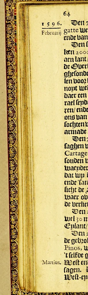 An illustration from Iournalen van drie voyagien, : te weten: 1. Van Mr. Thomas Candish, met drie schepen door de Magallaensche Straet rondom de werelt, inden jare 1586, 1587, en 1588. ... 2. Vande Heer Fransoys Draeck, ende Heer Jan Haukeins, ridderen, naer West-Indien gepretendeert Panama in te nemen ... in den jare 1593. Noch een beschryvinge vande zee vaert der geheeler werelt. Nassausche vloot, 3. ofte beschryvinge vande voyagie om den gantschen aert-kloot, door de Straet Lemaire, onder 't beleydt vanden Admirael Iaques L'Heremite, inde jaren 1623, 1624, 1625, en 1626. : Wy hebben hier achter by ghevoeght en beschrijvinghe vande regeringhe van Peru, door Pedro de Madriga ... met een kort verhael van Chili. Als mede een verhael van Capiteyn Pedro Fernandes de Quir ... aengaende de ontdeckinghe van't onbekent Austrialia ., 1643, leaf 82