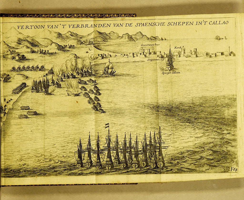 An illustration from Iournalen van drie voyagien, : te weten: 1. Van Mr. Thomas Candish, met drie schepen door de Magallaensche Straet rondom de werelt, inden jare 1586, 1587, en 1588. ... 2. Vande Heer Fransoys Draeck, ende Heer Jan Haukeins, ridderen, naer West-Indien gepretendeert Panama in te nemen ... in den jare 1593. Noch een beschryvinge vande zee vaert der geheeler werelt. Nassausche vloot, 3. ofte beschryvinge vande voyagie om den gantschen aert-kloot, door de Straet Lemaire, onder 't beleydt vanden Admirael Iaques L'Heremite, inde jaren 1623, 1624, 1625, en 1626. : Wy hebben hier achter by ghevoeght en beschrijvinghe vande regeringhe van Peru, door Pedro de Madriga ... met een kort verhael van Chili. Als mede een verhael van Capiteyn Pedro Fernandes de Quir ... aengaende de ontdeckinghe van't onbekent Austrialia ., 1643, leaf 83