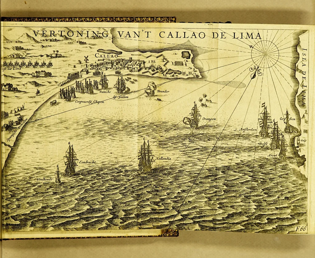 An illustration from Iournalen van drie voyagien, : te weten: 1. Van Mr. Thomas Candish, met drie schepen door de Magallaensche Straet rondom de werelt, inden jare 1586, 1587, en 1588. ... 2. Vande Heer Fransoys Draeck, ende Heer Jan Haukeins, ridderen, naer West-Indien gepretendeert Panama in te nemen ... in den jare 1593. Noch een beschryvinge vande zee vaert der geheeler werelt. Nassausche vloot, 3. ofte beschryvinge vande voyagie om den gantschen aert-kloot, door de Straet Lemaire, onder 't beleydt vanden Admirael Iaques L'Heremite, inde jaren 1623, 1624, 1625, en 1626. : Wy hebben hier achter by ghevoeght en beschrijvinghe vande regeringhe van Peru, door Pedro de Madriga ... met een kort verhael van Chili. Als mede een verhael van Capiteyn Pedro Fernandes de Quir ... aengaende de ontdeckinghe van't onbekent Austrialia ., 1643, leaf 87